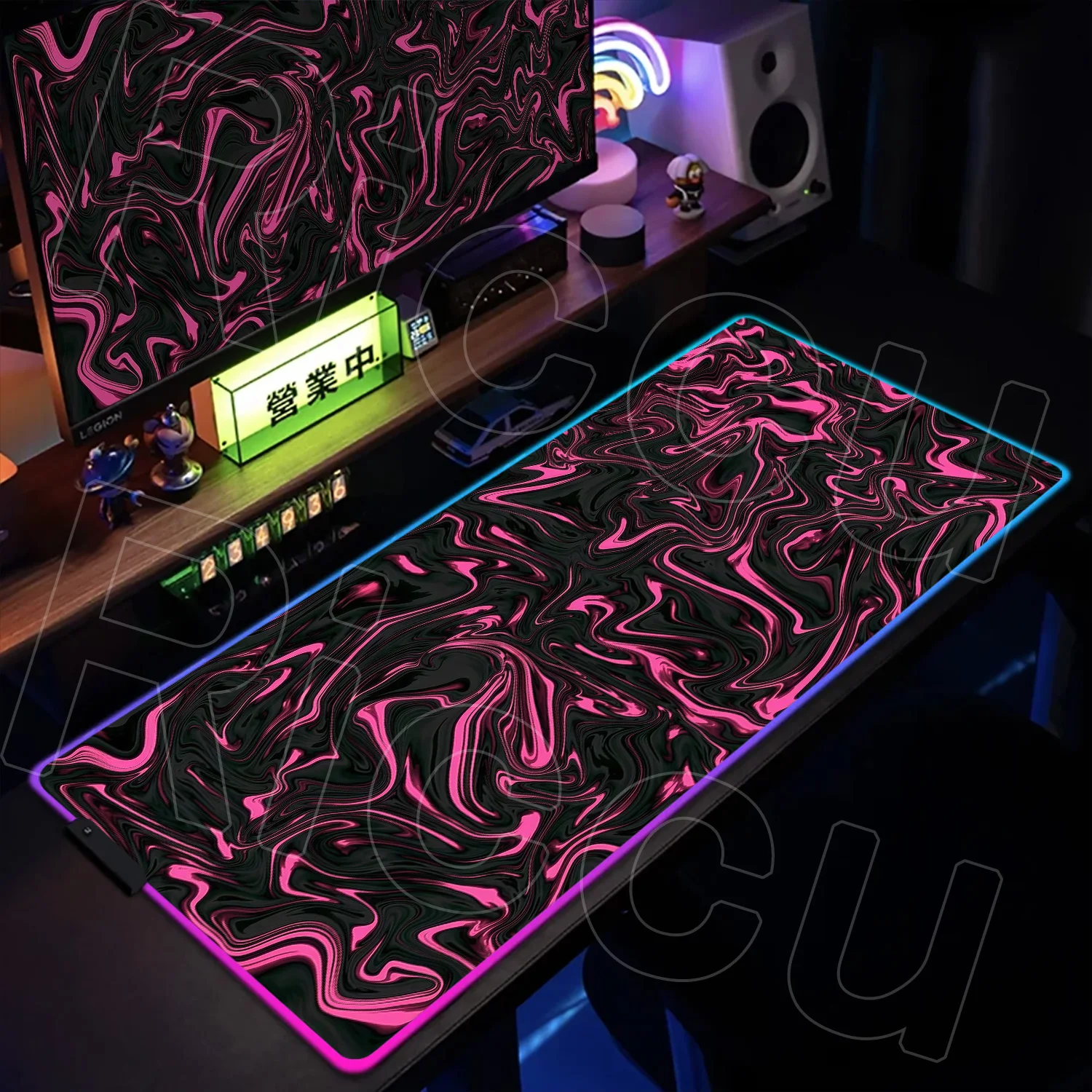 Enhanced RGB XXL Black and White Strata LED Desk Mat - Oversized Liquid Fluid Mousepad
