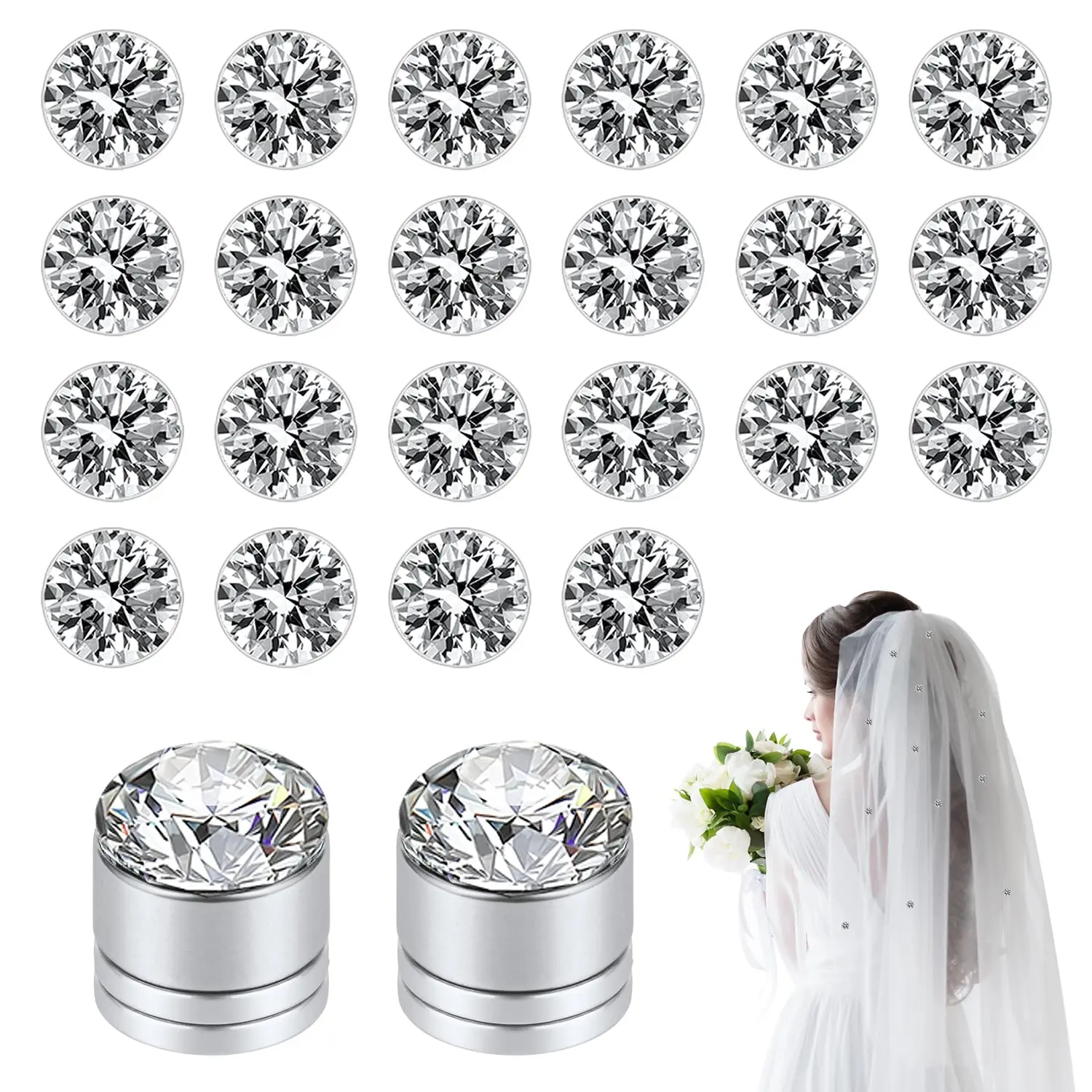 24pcs Veil Weights Wedding Magnetic Diamonds, Elegant Shiny Rhinestones Crystals Hijab Magnets for Dress Veil Accessories