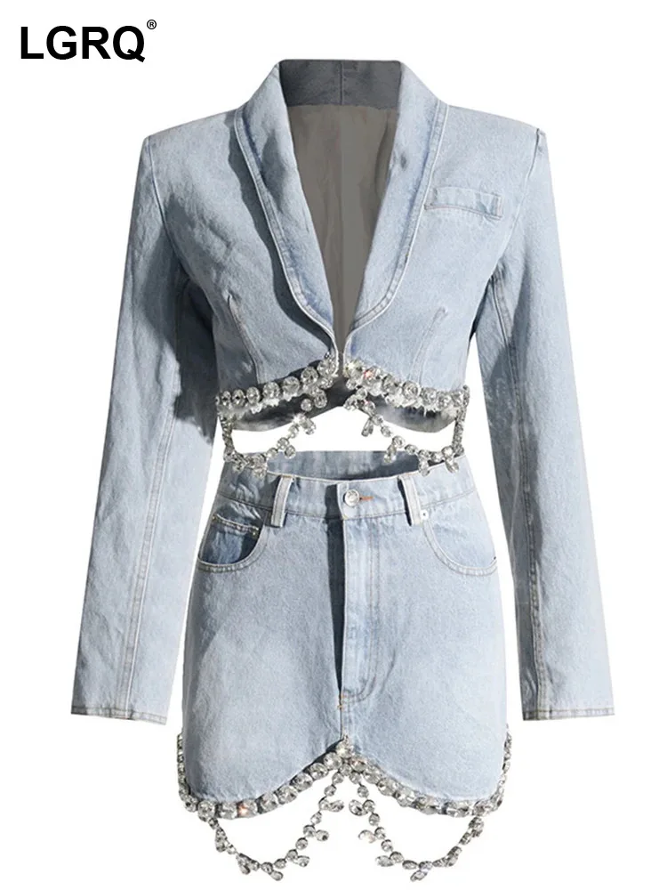 

LGRQ 2024 Trendy Diamond Decorate Design Short Jacket And Mini Skirt Two-piece Sets High Quality Street Denim Clothes 19Z2569