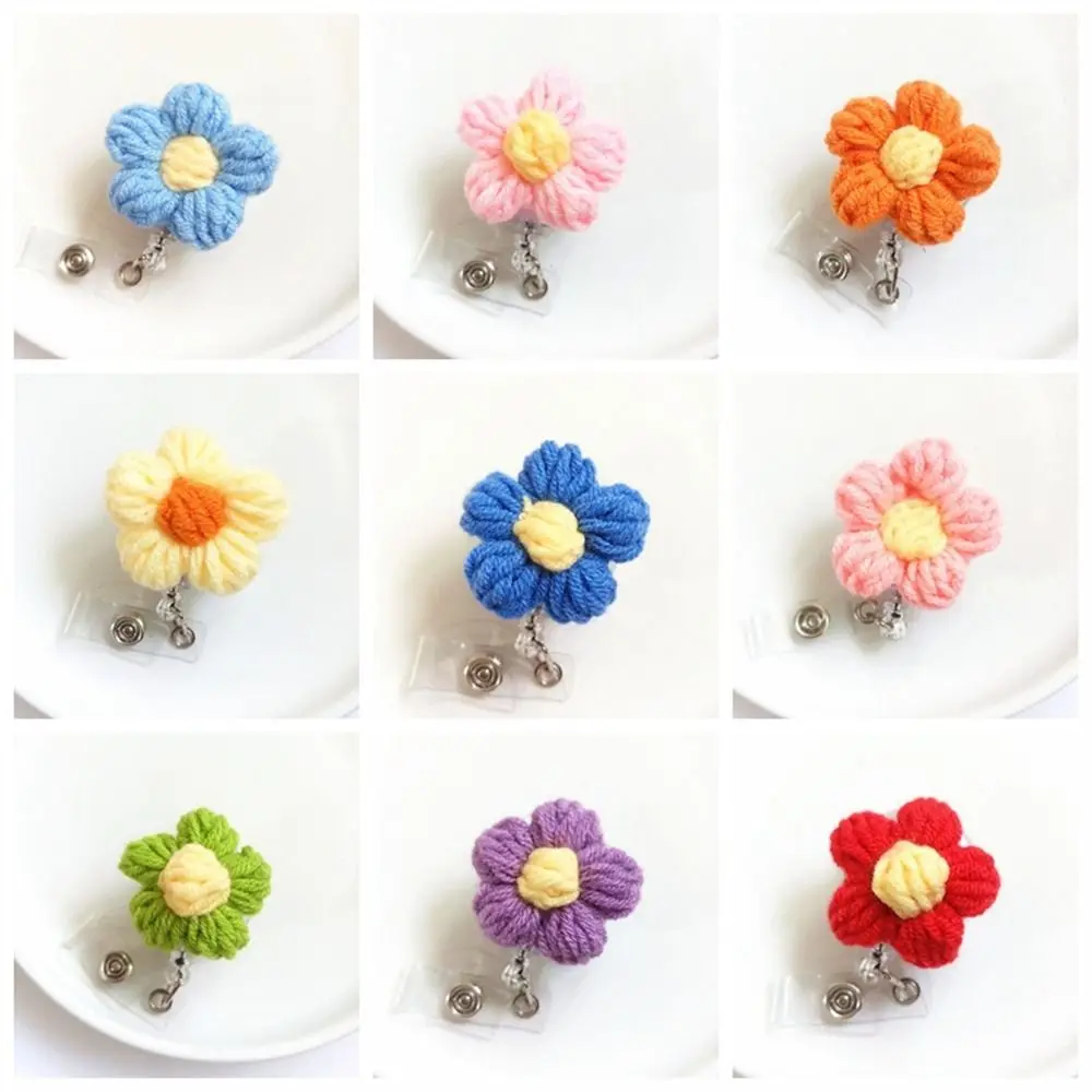 Korean Wool Flower Shape Badge Holder Easy Pull Buckle Clip 3D ID Card Nurse Badge Reel Kawaii Office School Supplies