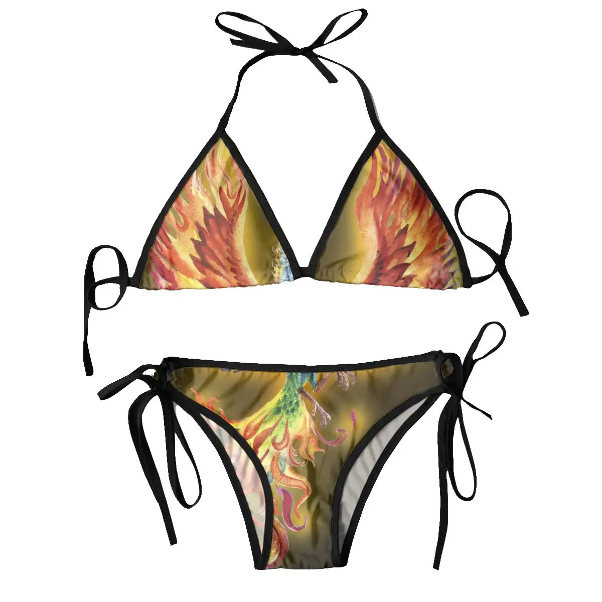 Donne Sexy Bikini Set Reggiseno Halter Perizoma Costume Da Bagno Beachwear Bathing Fire Burning Phoenix Bird