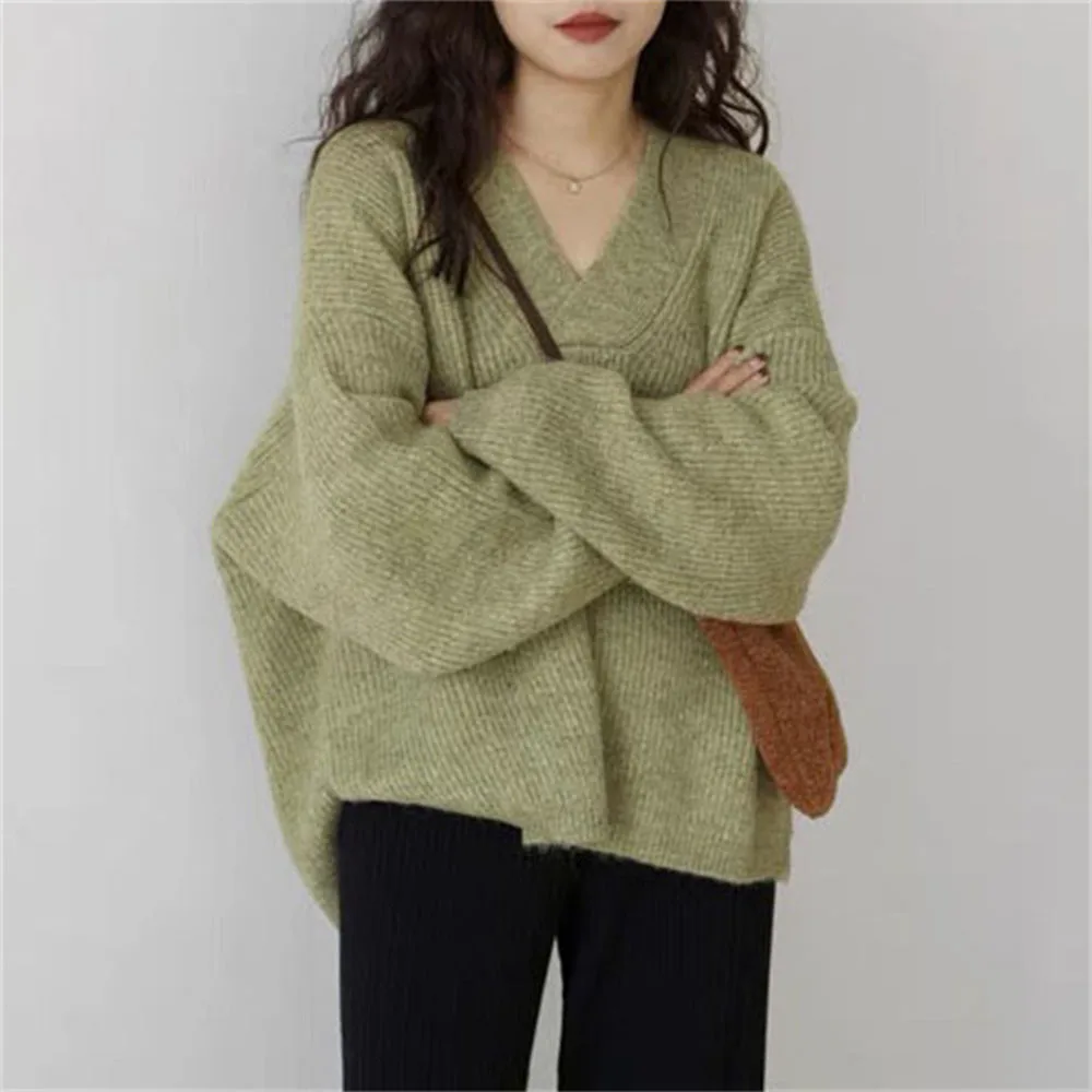 

Korean V-neck Lazy Style Pullover Sweater For Women's Autumn Winter Loose Versatile Solid Casual Pullover Fashion Knitwear Tops