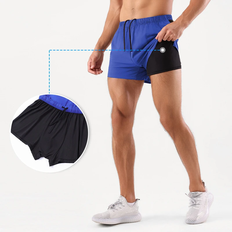 Quick Drying Fitness Gym Double-deck Running Shorts Men Workout Basketball Training Bodybuilding Jogging Short Pants with Pocket