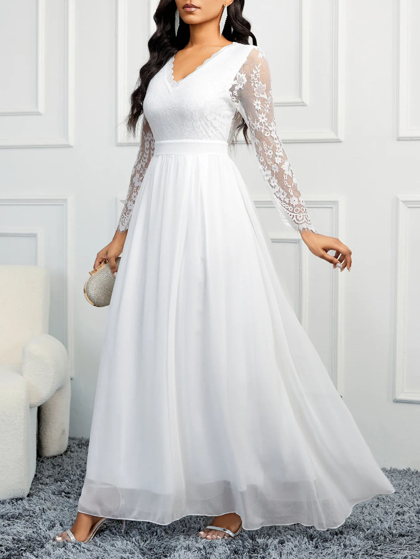Elegant Wedding Dresses V-Neck Backless Evening Dress Tulle Sleeve Lace Robe De Soir&eacute;E De Mariage White Bridal Women Dress