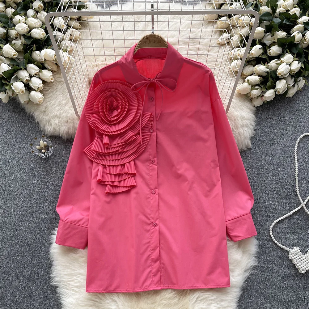 

Croysier Ladies Shirts 2023 High Street Fashion Women Pleated Raised Flower Elegant Shirt Top Button Up Long Sleeve Long Shirt