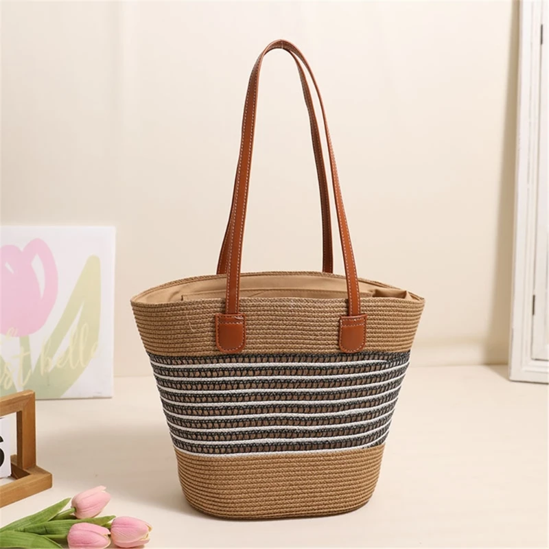 Round Woven Bag Large Capacity Zippered Shoulder Bag Handbag for Travel and Beach E74B