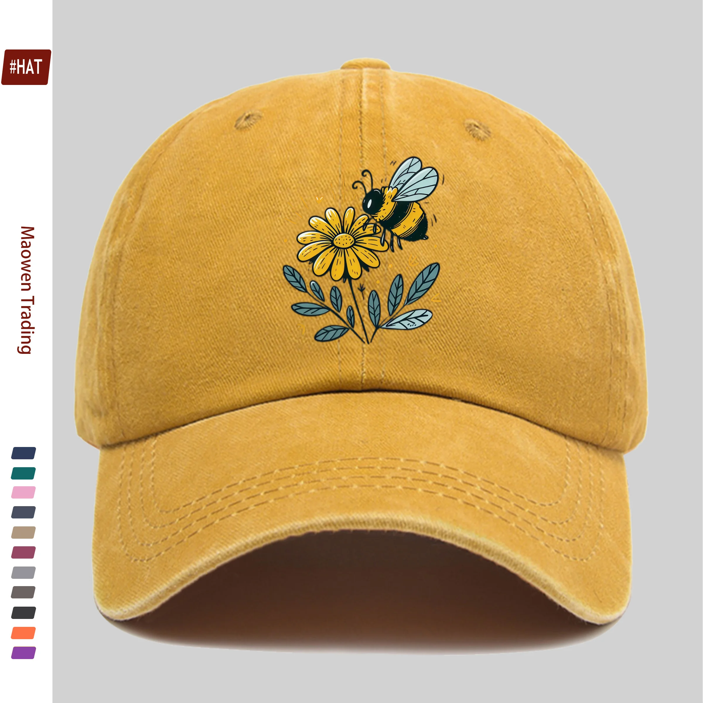 1pc Bee and Small Yellow Flower, Forest Green Pattern Print Baseball Cap, Ideal Decorative Hat for Travel Enthusiasts, Multiple