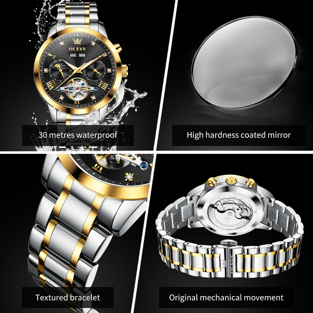 OLEVS 7029 Men Automatic Mechanical Watches Luxury Original Skeleton Men's Wristwatches Business Top Brand Moon Watch For man