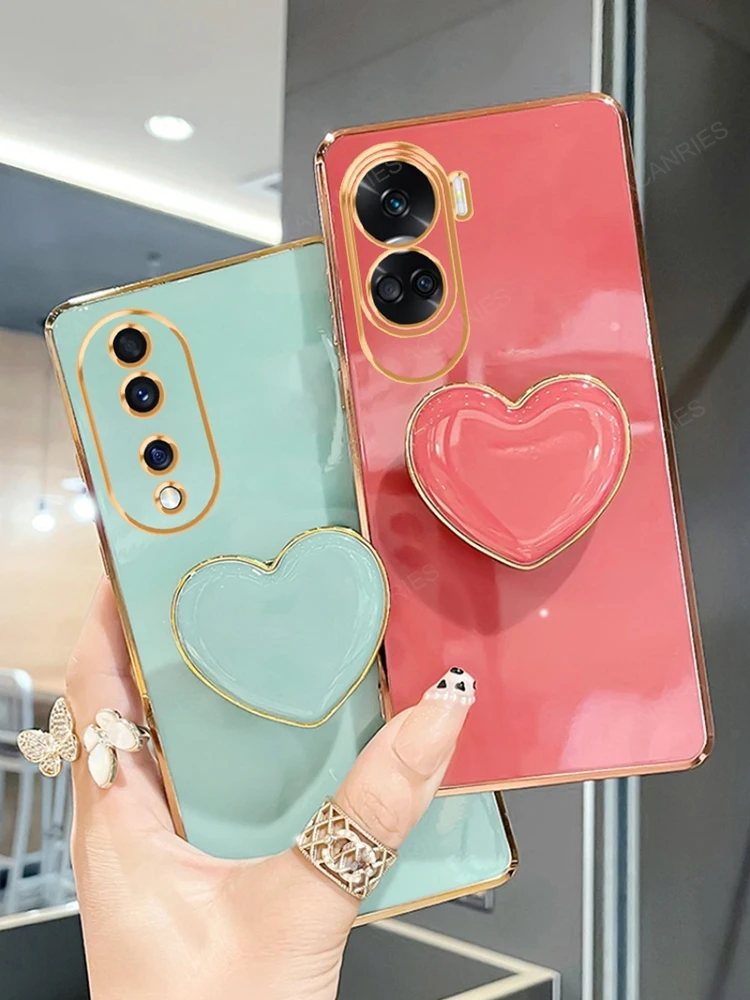 Luxury Plating Love Heart Stand Silicone Phone Case with Holder