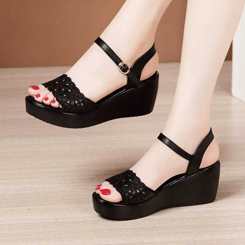 New 2023 Summer Chunky Platform Wedges Shoes Soft Leather Medium Heels  Sandals Women Floral Cutout Black Beach Sandal Mom - AliExpress