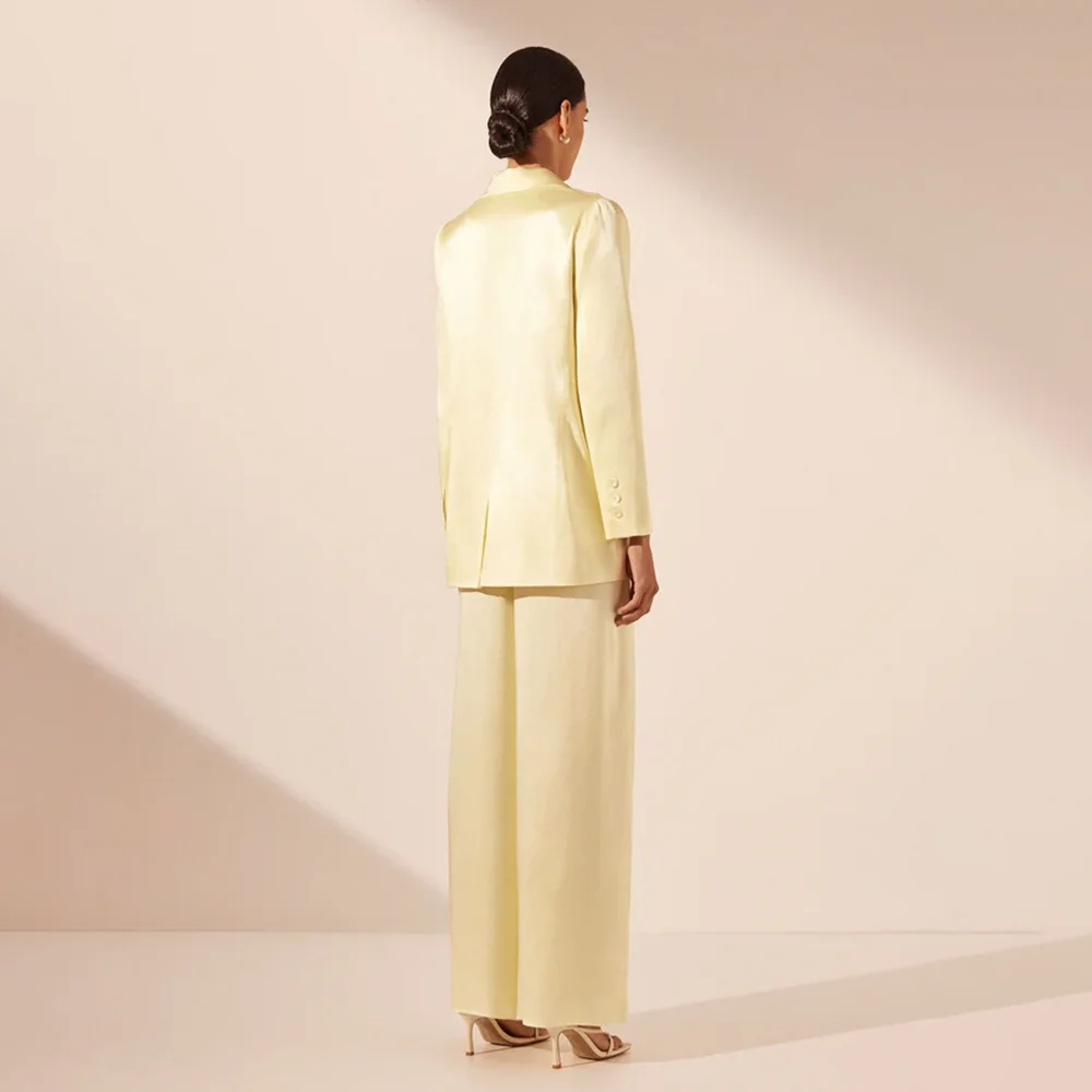 Fashion Yellow Satin Women Pants Sets Chic Notch Lapel Double Breasted Wear Elegant Basic Daily Casual Female Suit Two Piece women suit set