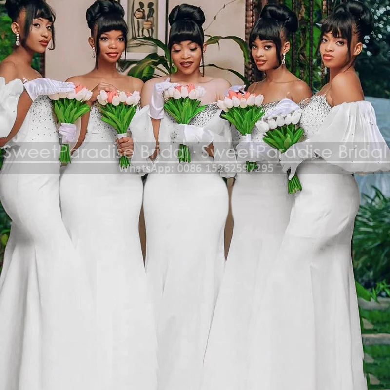 

Luxury Beads Off Shoulder Bridesmaid Dresses With Half Sleeves Mermaid Long Plus Size Women Party Dress Maid Of Honor
