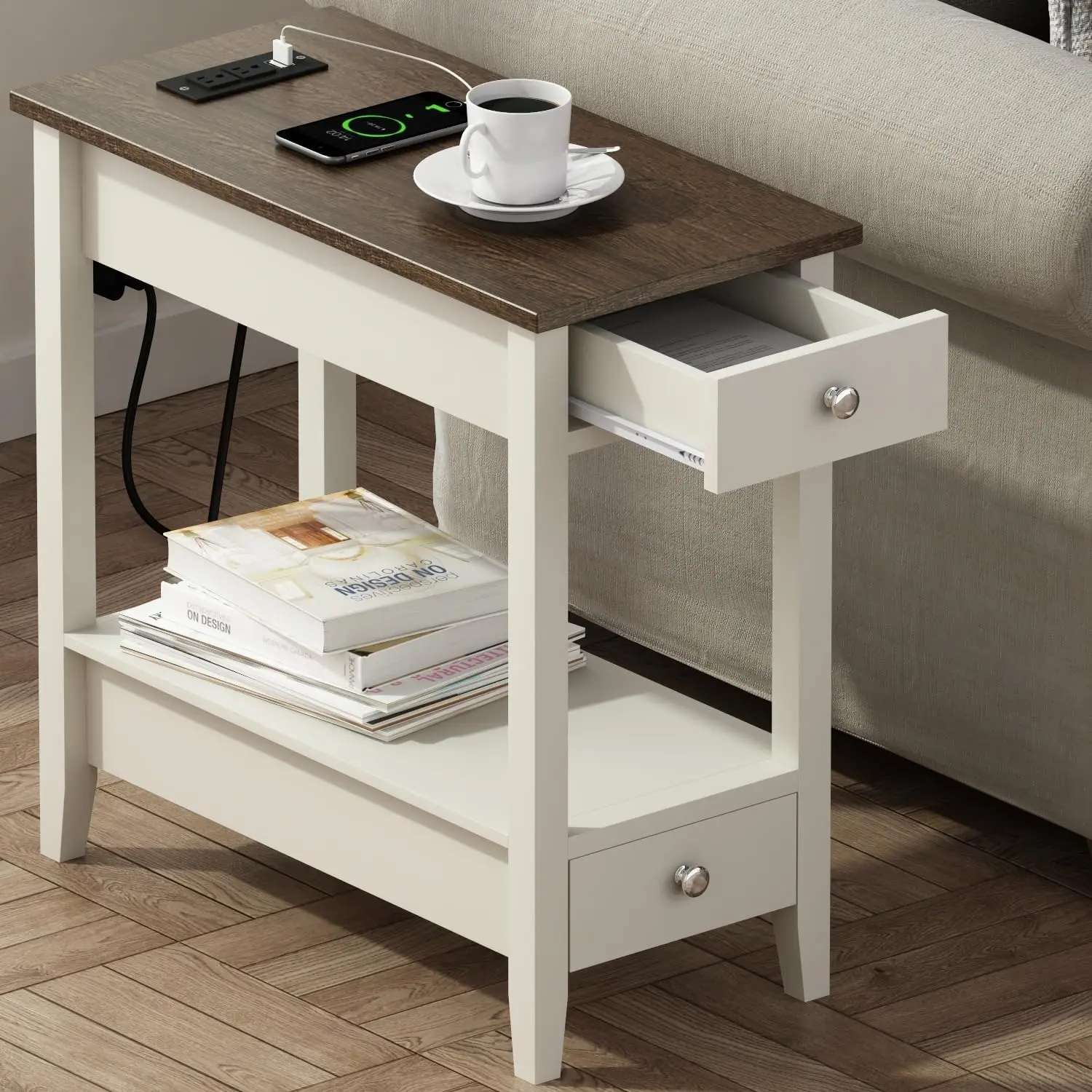 Farmhouse End Tables Living Room Set of 2, Narrow Side Table with Charging Station, White Sofa Bedside 2