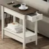 Farmhouse End Tables Living Room Set of 2, Narrow Side Table with Charging Station, White Sofa Bedside 2