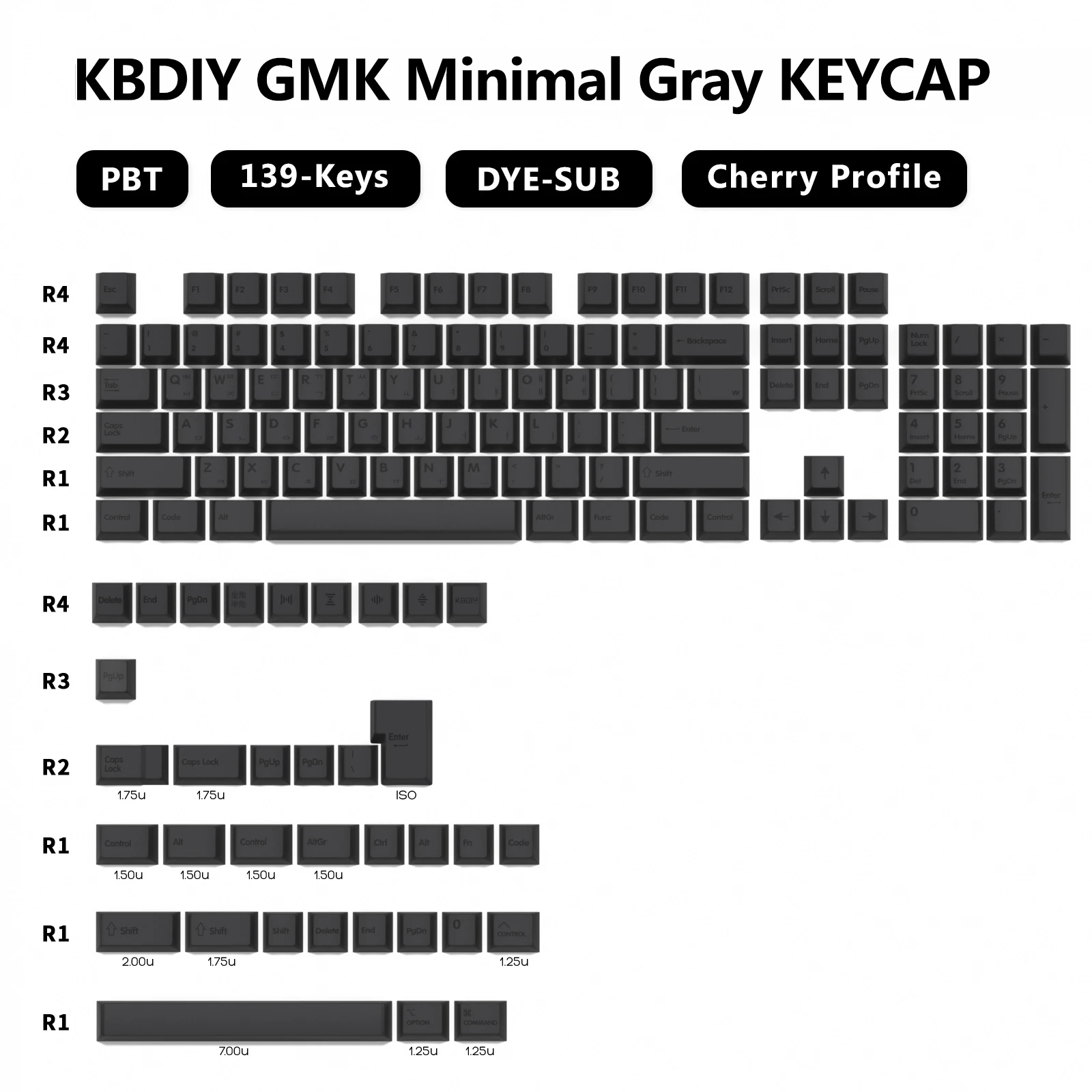 KBDiy 체리 프로파일 키캡 PBT GMK 최소 회색 키캡 기계식 키보드 게임, MX 스위치용, 사용자 정의 139 키, 60 87/100