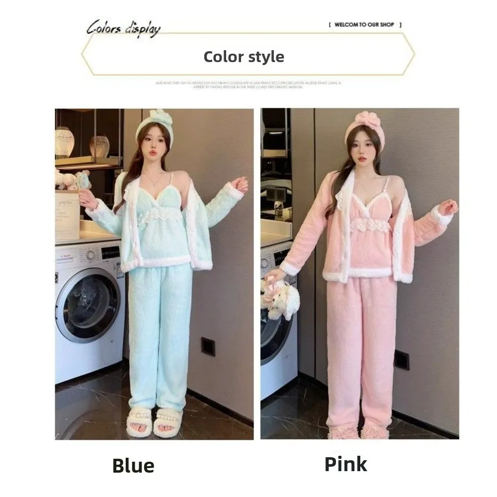 Sexy Hosenträger-Korallenfleece-Loungewear, kann draußen getragen werden, dreiteiliges Set, Spitzen-Pyjama, Damen-Winterkleidung – Detail 5