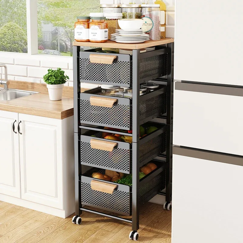 Fruits Vegetables Storage Cart Multifunctional Storage Cabinet Floor Narrow Seam Baskets Pull-out Type Kitchen Furniture