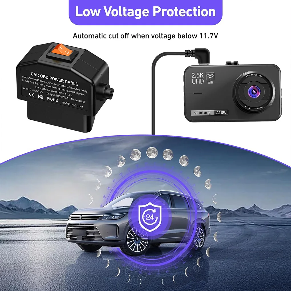 OBDII Power Cable For Dash Camera OBDII Power Cable OBD To Type-C Adapter 12-24V To 5V/3A 24h Parking Car Accessories