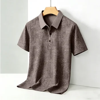 Polo da uomo comoda a maniche corte con motivo a trama, colletto a contrasto, design 2026, top casual quotidiano per ufficio