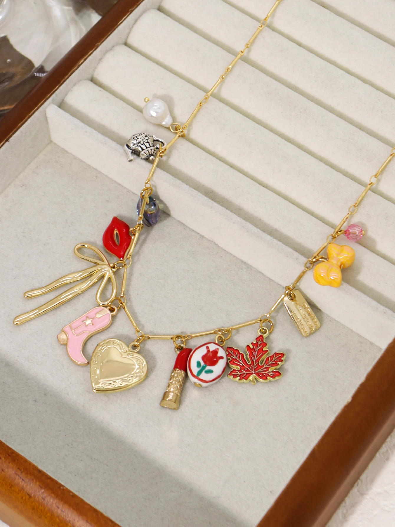 Sexy Red Lips Bow Cowboy Boots Pendant Womens Necklace