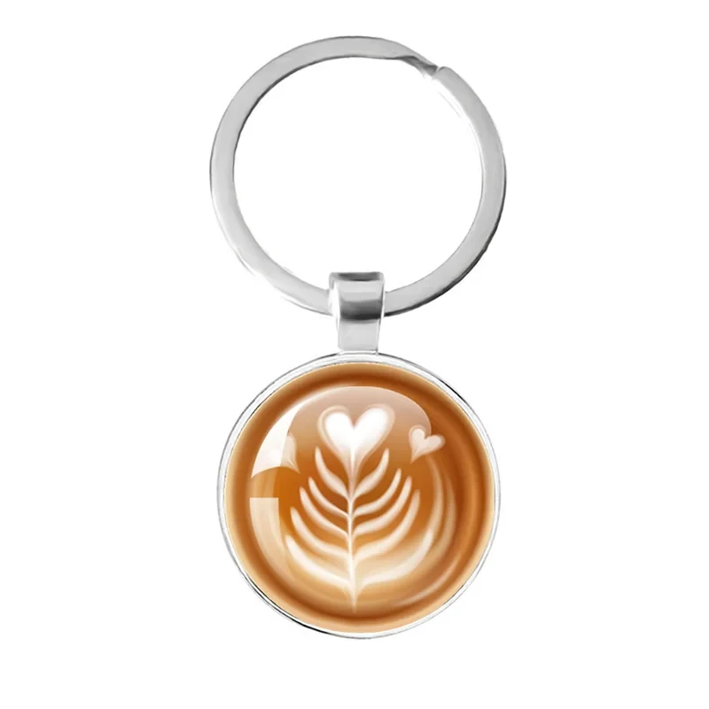 

Classic New Coffee Latte Carving Love Heart Art Keychain Key Rings Chocolate Printing Flower Charm Pendant Jewelry Gift