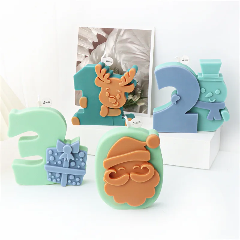 Number 0-9 Silicone Mold Santa Snowman Elk Shape Scented Candle Gypsum Soap Resin Mould DIY Birthday Cake Decor Christmas Gift