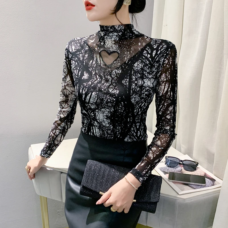 

Новинка 2023, осенне-зимняя Корейская одежда, футболка, шикарные сексуальные блестящие женские топы в стиле пэчворк со стразами, облегающая блузка с длинным рукавом Tees 30020