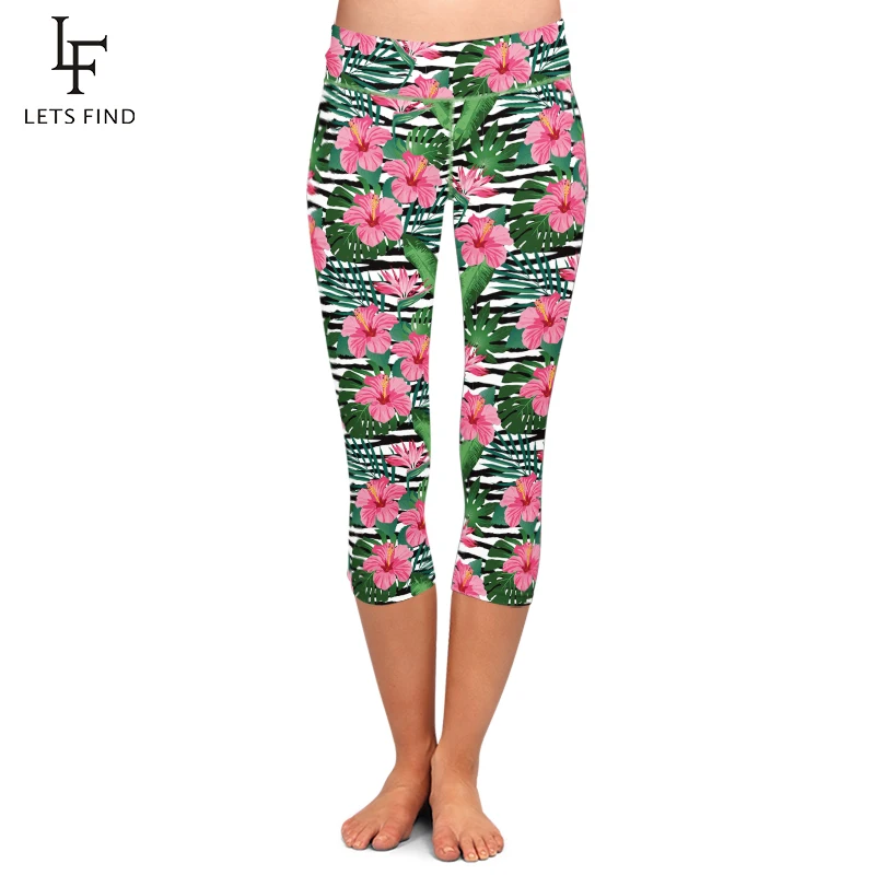 LETSFIND 2020 Summer High Quaility Slim Women Capri Leggings Fashion 3D Flowers Print High Waist Fitness Soft Leggings