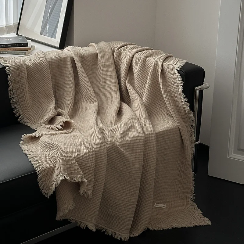 New Blanket 100% Cotton Sofa Towel Tassels Blankets Linen Solid Color Shawl Manta Plaid Blankets Four Layer Gauze Fringe Blanket - 3
