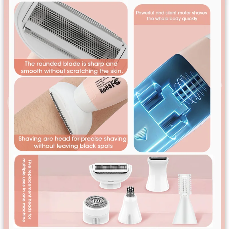 5 In 1 Electric Face Epilator USB Charging Bikini Trimmer Multi-Purpose Portable Shaving Machine for Face Nose Eyebrow