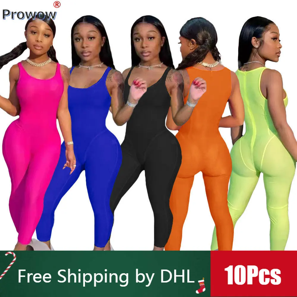 

10Pcs Bulk Solid Sleeveless Jumpsuit for Women 2023 Summer Y2k Casual Yoga Bodycon Bodysuit Back Zipper Overalls Wholesale 8335