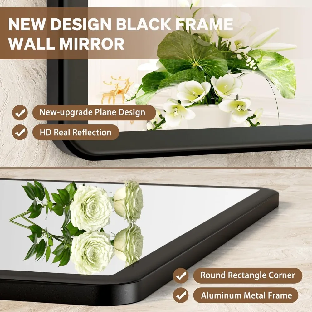 New Upgrade 55X36 Inch Wall Mounted Bathroom Mirror, Black Metal Frame Rounded Rectangle Mirror, Bathroom Vanity Mirror