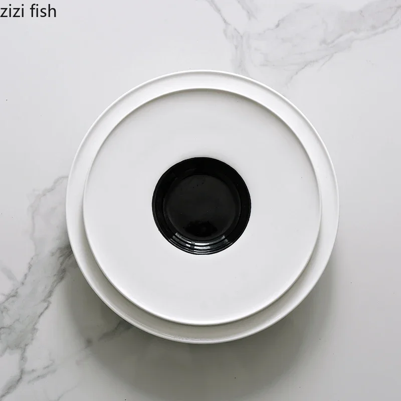 Black White Straw Hat Plate Ceramic Tableware Thick Soup Dish Dessert Dim Sum Dish Pasta Plate Serving Simple Tableware