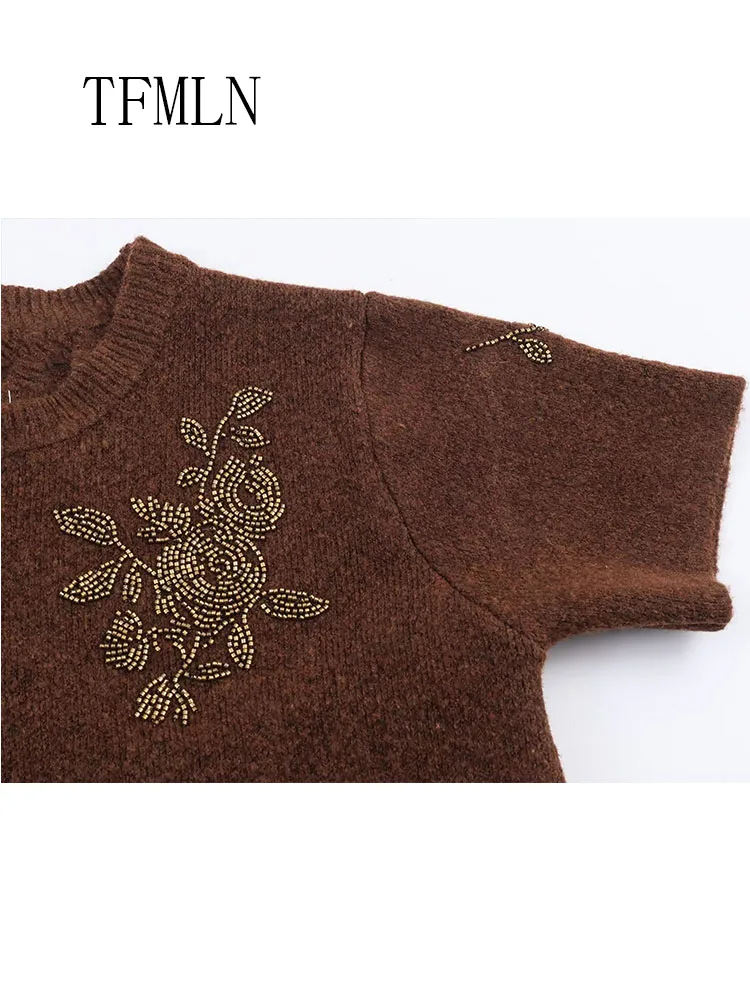 2026 New Women Beading Short Sleeved Knitted Sweater Sweet Girls O-neck Soft Chic Causal Pullover Top Retro Street Knitwear