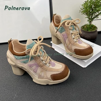 Cross Tied Mixed Colors Sneakers Round Toe Height Increase Mesh Patchwork Women Casual Retro Platform Pumps 2025 Autumn Trend