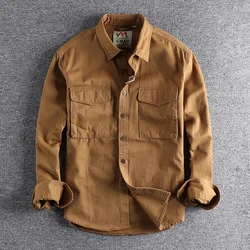Autumn Khaki Retro Wash Men's Work Shirt with Three - Dimensional Pockets - M (Dark  khaki)