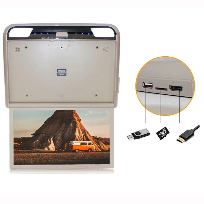 자동차 지붕 마운트 디스플레이 지지대, 천장 TV 미러 링크, HDMI, FM, 스피커, 19 인치 HD LCD 화면, 1080P 비디오 플레이어