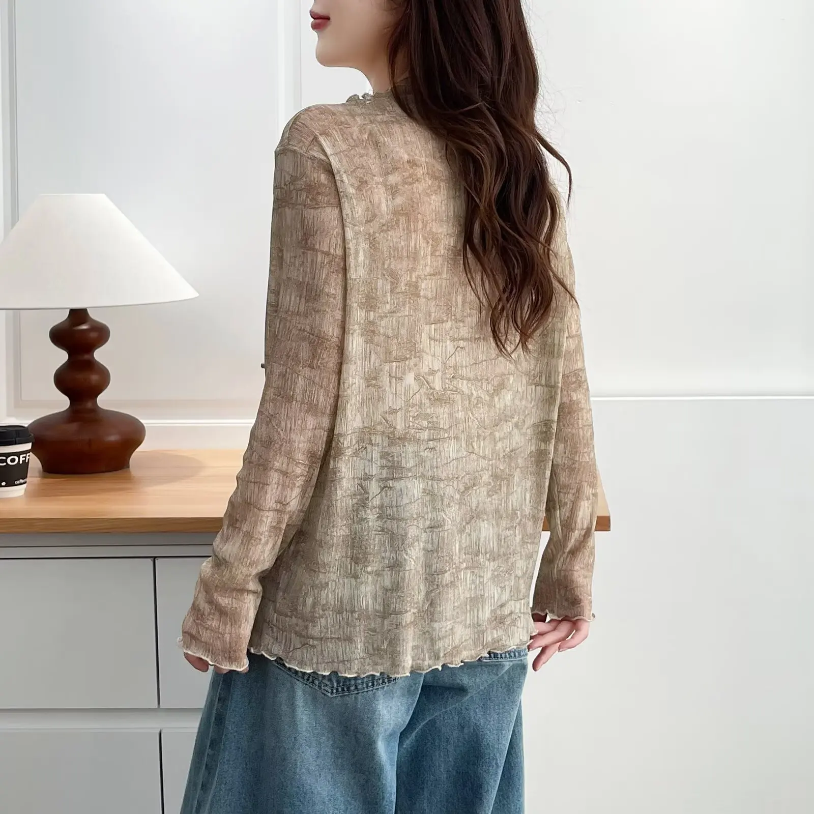 XXXXL Fashion Plus Size Women's T-Shirt 2025 Autumn New Korean Style Lace Bright Silk tie-dyed Long Sleeved Base Top 637