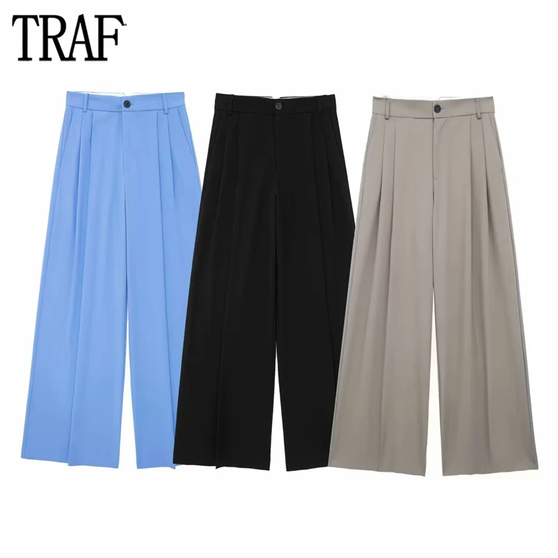 

TRAF 2024 Wide Leg Pants for Women High Waist Baggy Pants Woman Summer Pleated Women's Pants Streetwear Casual Woman Trousers