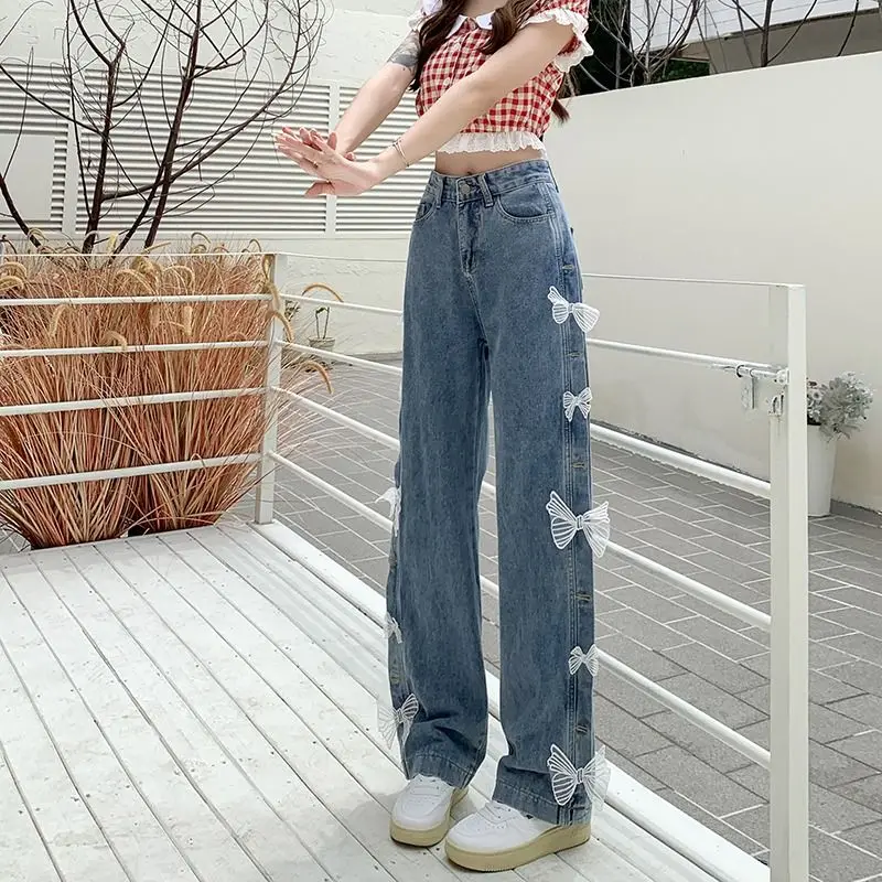 Jeans Bow High Waist Large Size Women Baggy Jeans Wide Leg Trousers Teens Korean Fashion Casual Pants Streetwear Sweet Jeans