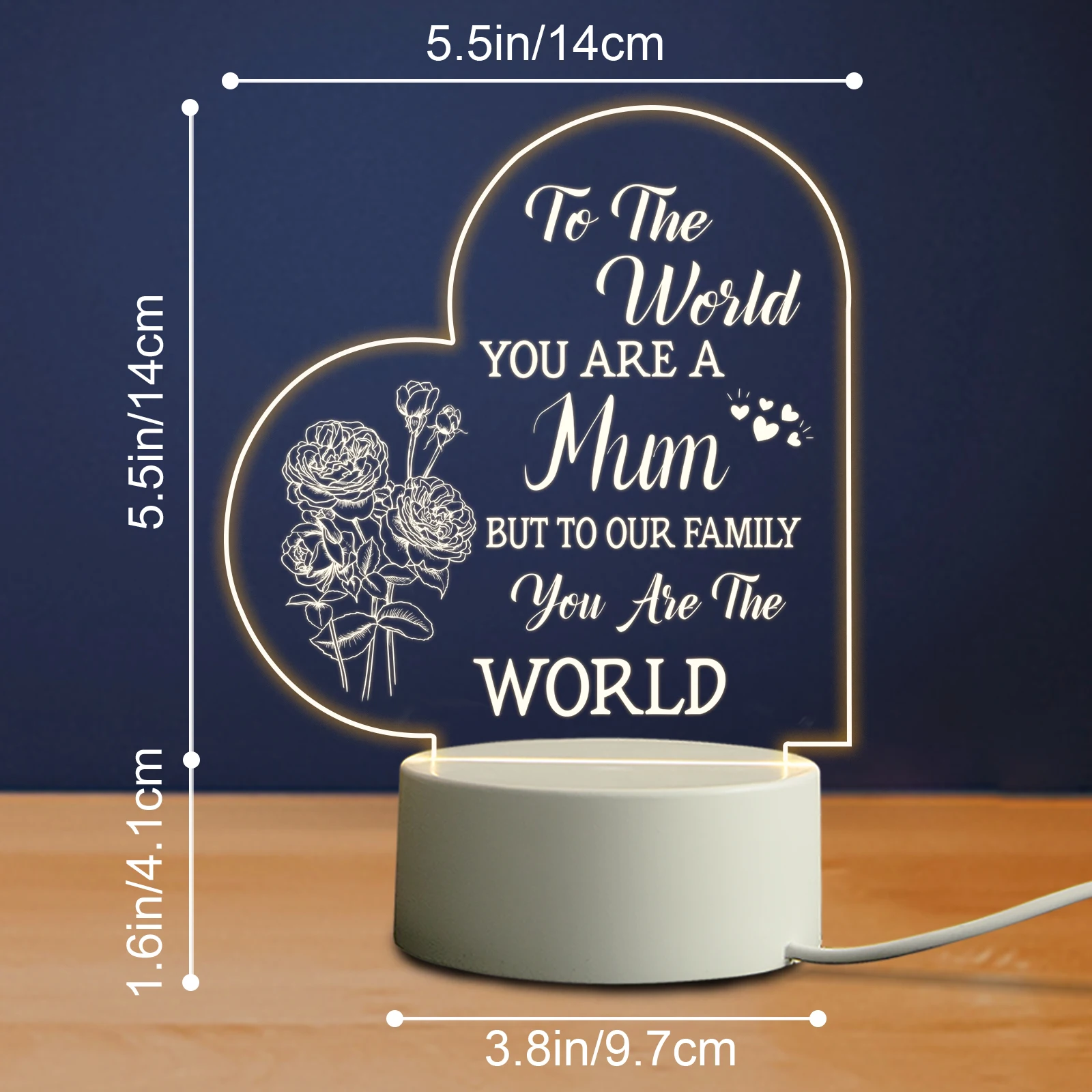 Mothers Day Gifts for Mum from Daughter Son-Acrylic USB Night Lamp-Mother's Day, Birthday,Thanksgiving,Gifts for Mum, Stepmom battery night light