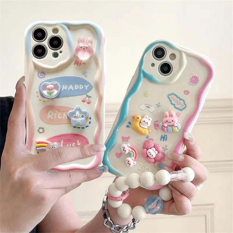 Charming 3D Bear & Flower Chain Lanyard Clear Soft Phone Case