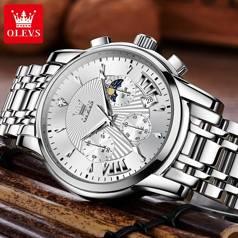 OLEVS 2892 Original Men's Watches Stainless Steel Waterproof Moon Phase Chronograph Auto Date Clock Luxury Quartz Watch for Men