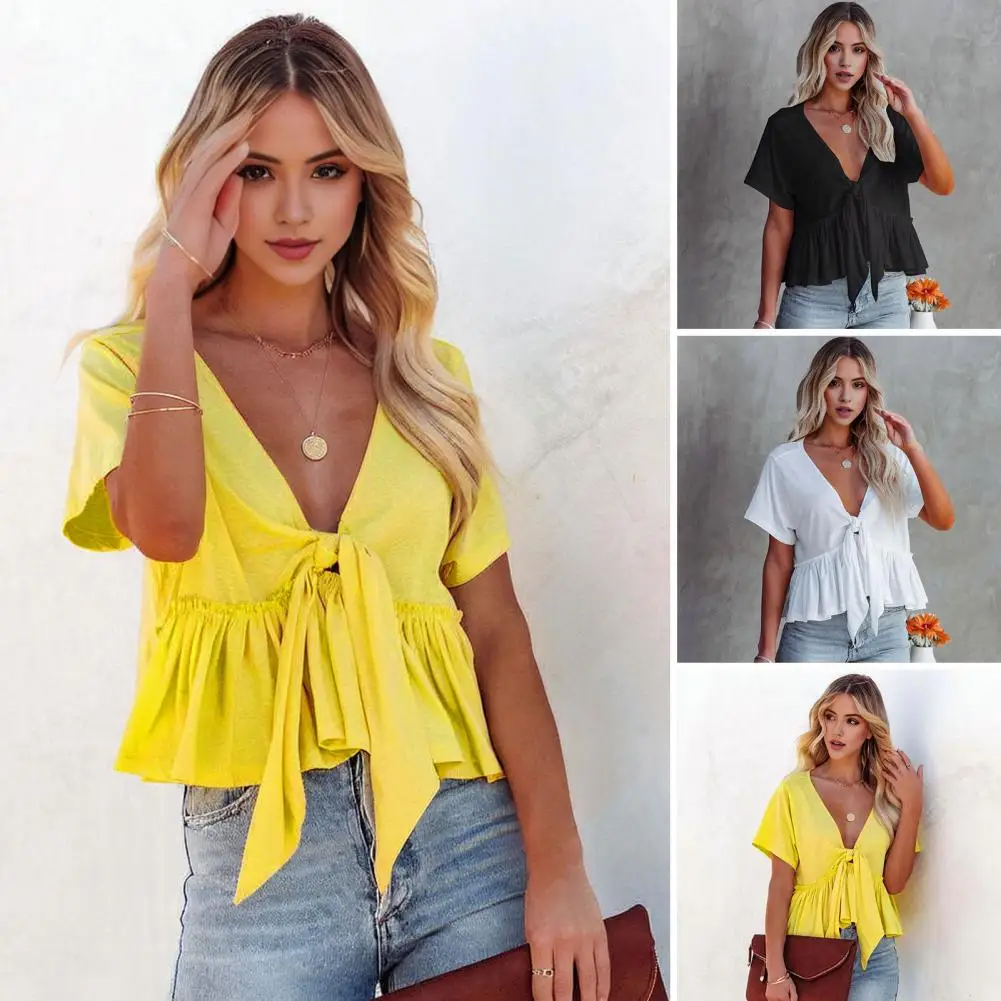 

2024 Women Summer Tops V-Neck Short Sleeve Solid Color Casual T-shirt Knot Design Ruffle Hem Loose Fit Tee Tops Women's Clothing