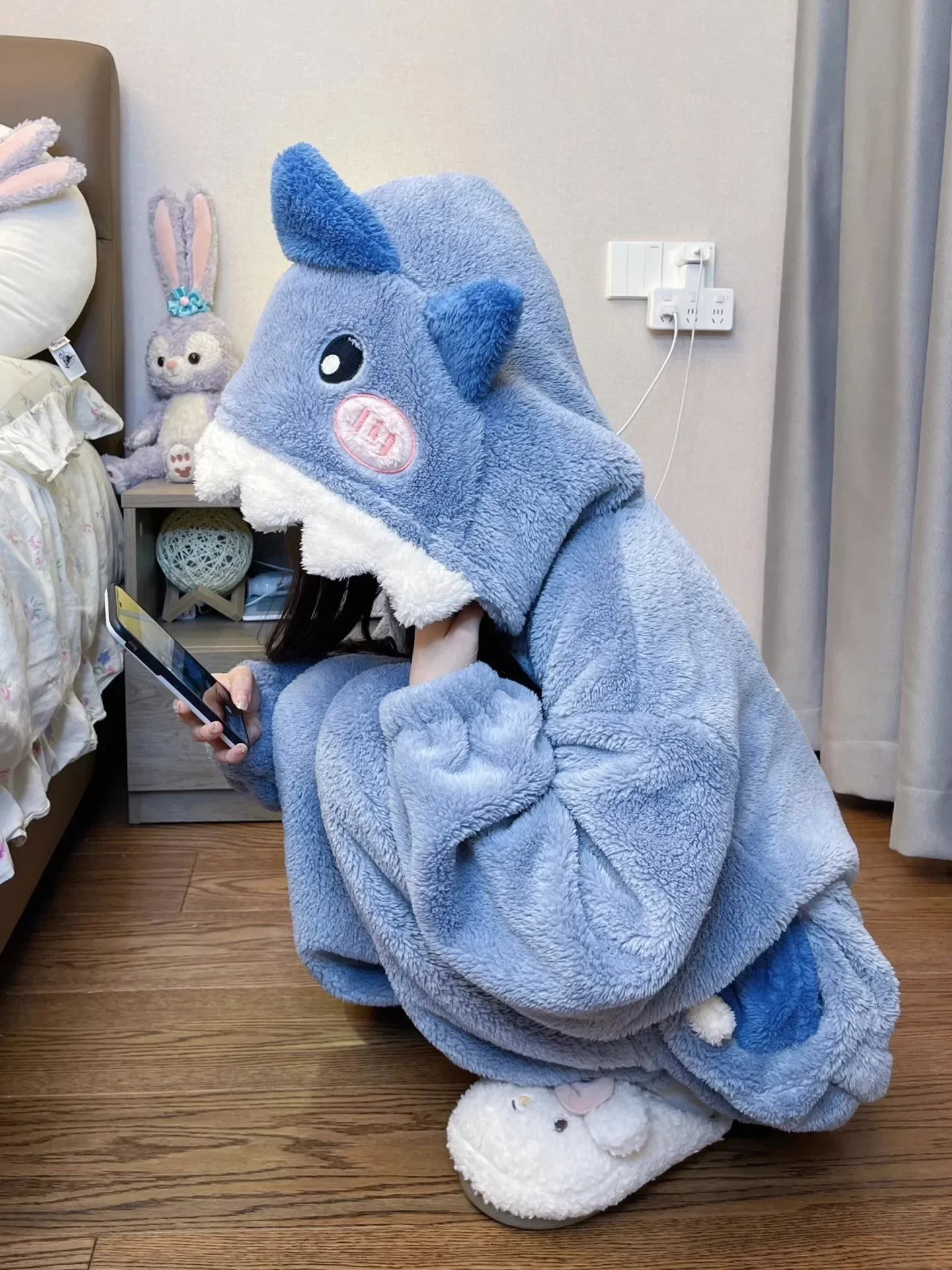Blue Shark One-piece Pajamas Anime Cosplay Costumes Winter Coral Fleece Warm Hooded Nightgown Full Zipper Thick Onesies