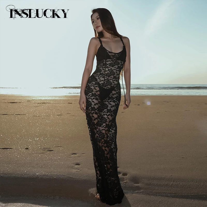 

InsLucky Square Collar Lace See Through Slim Women Sexy Tank Long Dresses Slim Sleeveless Bodycon Fashion Elegant Beachwear 2024