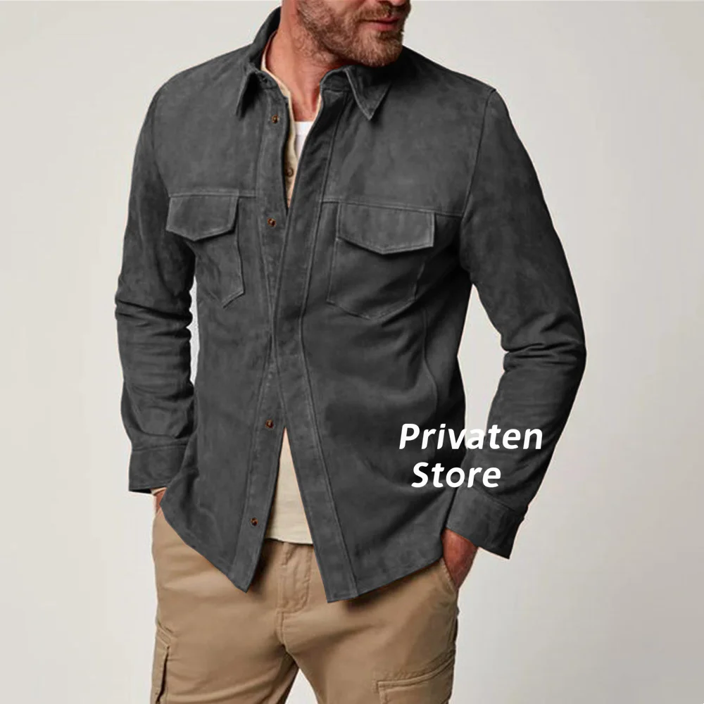 Men's Jacket Suede Slim Fit Lapel Cardigan High Quality With Pockets Business Office Suit Coat Single Breasted Clothes 3