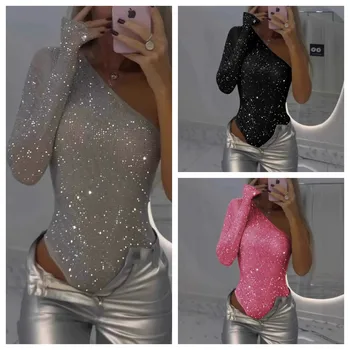 Fashion Sequins Hot Girl Bodysuit Women Sexy One Shoulder Tight Rhinestone Slim Fit Chic Bodysuit Lady Club Gala Sequin Top 2025 1