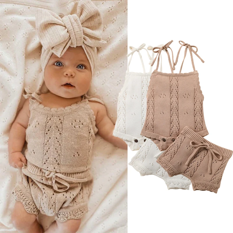baby clothes penguin set Kids Baby Summer Clothes for Newborn Baby Boys Girls Solid Lace-up Knitted Backless Rompers+Drawstring Shorts Beach Outfits Sets baby shirt clothing set