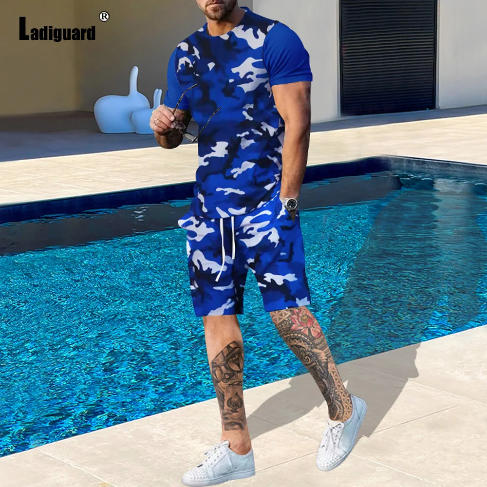 

Ladiguard 2023 New Summer Beach Two-piece Set Mens Fashion Camouflage Tracksuit Sets Men Outdoor Casual Fake 2PCS Sport Outfits